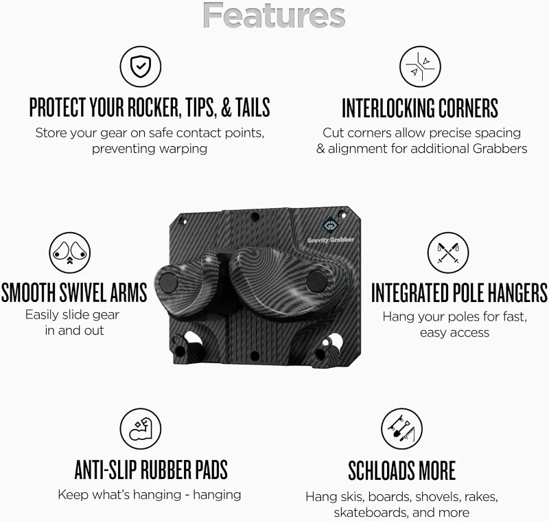 Gravity Grabber Ski & Snowboard Wall Rack - Secure Non-Slip Indoor Organizer, Fits Any Ski or Board, Garage Storage System, Includes 2-Pack