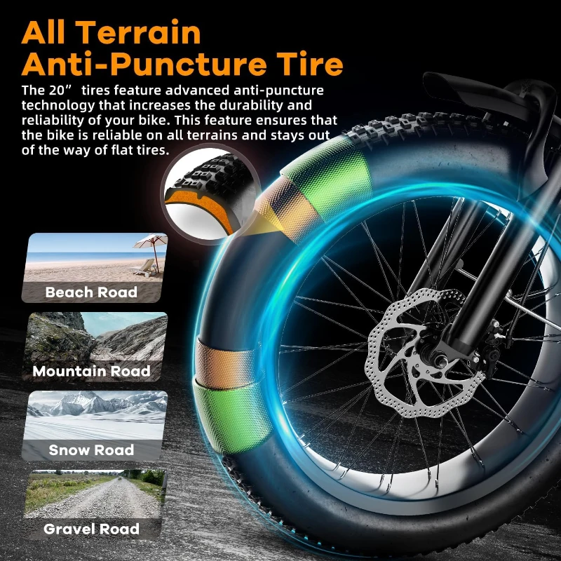 Folding 1000W Peak Electric Bicycle — 48V 20Ah Removable Battery, 20"" Fat Tires, 30+ MPH Top Speed, 80 Miles Range, Adult Commuter & Adventure Ebike