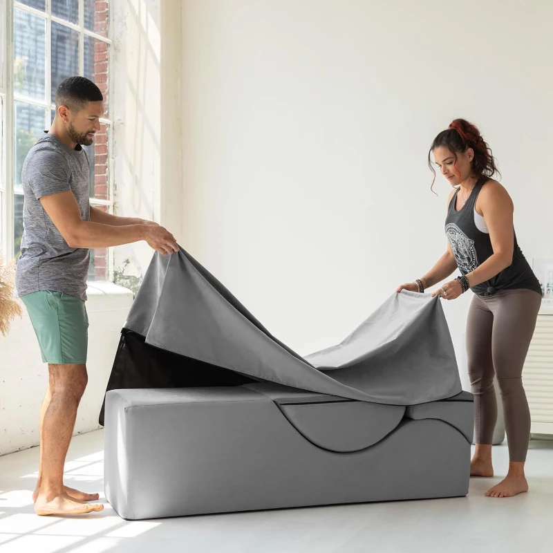 Avana Kami Convertible Chaise-to-Bed Ottoman — 2-in-1 Fold-Out Yoga & Massage Lounge, Microvelvet Grey, 22 in Wide