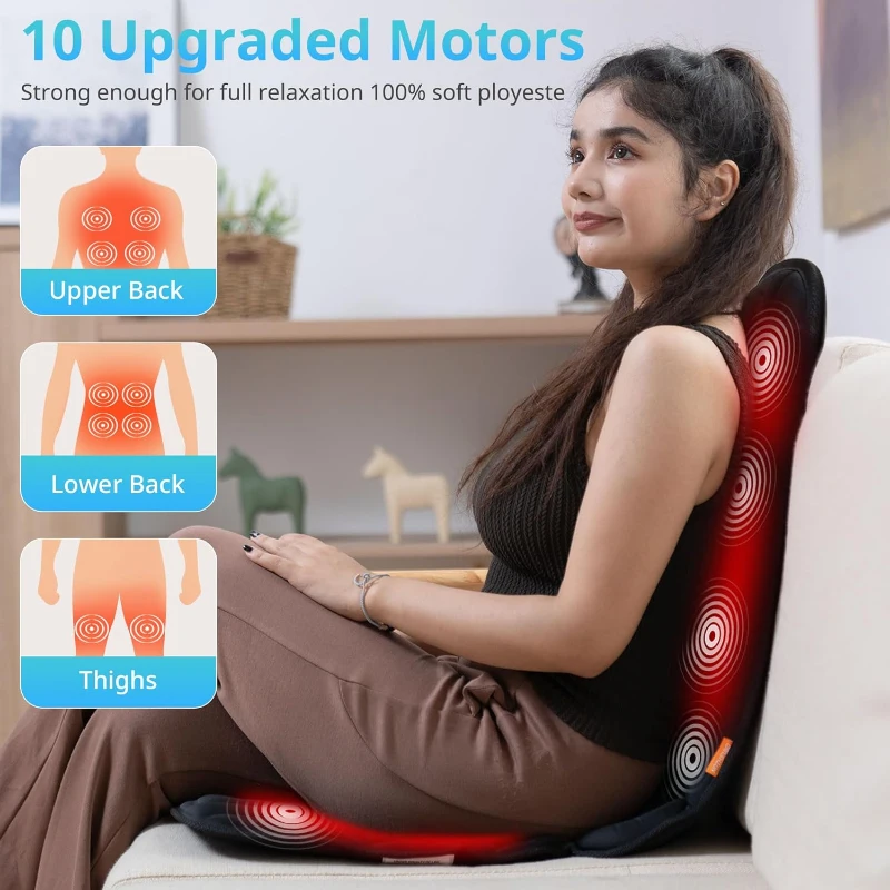 10-Motor Heated Vibration Seat Cushion — Back Massager Chair Pad with Heat, 10 Vibration Motors for Comfort and Pain Relief — Home & Office Use