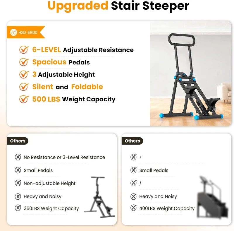 HXD-ERGO Folding Stair Stepper with 6 Resistance Levels and Adjustable Handrail, Compact Stair Climber for Home Fitness