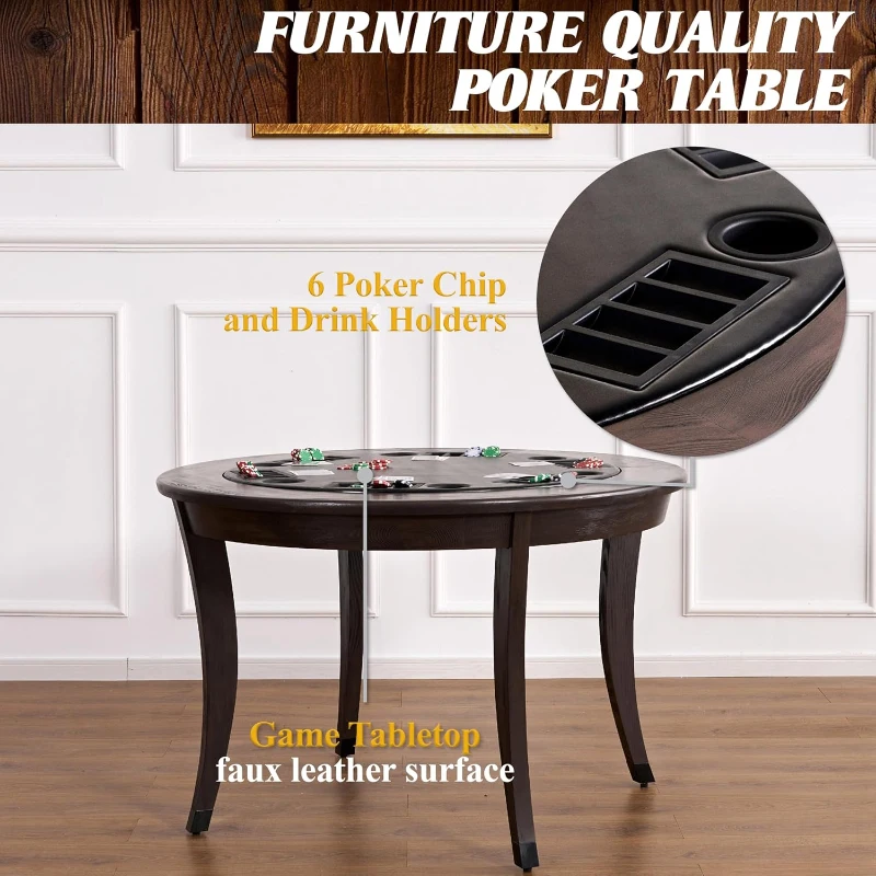 Barrington 48"" 2-in-1 Rotating Poker & Dining Table — Wood Veneer Frame with Hidden Faux-Leather Poker Top for 6 Players