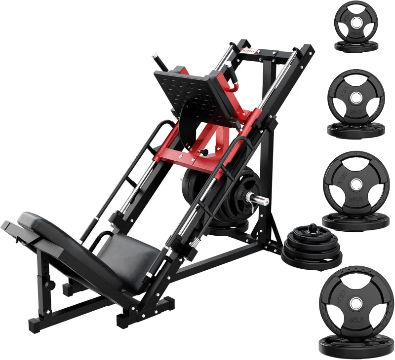 RitFit Adjustable Hack Squat & Leg Press Machine with Weight Plates, Linear Bearing Home Gym System with Storage Posts