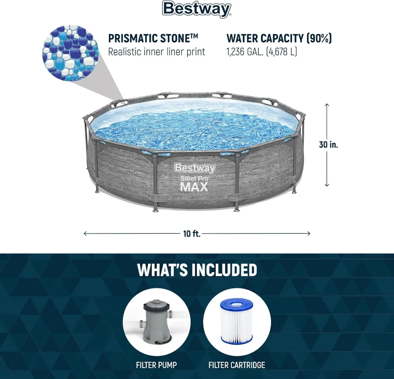 Bestway Steel Pro MAX 10' x 30"" Round Above-Ground Pool Set with Metal Frame, DuraPlus Liner and Filter Pump, Gray