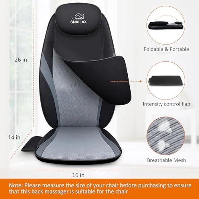 Snailax Shiatsu Heated Massage Cushion with 3D Kneading Rollers, Deep Tissue Back Massager Pad with Spot Function and Vibrating Seat – Travel & Home Use