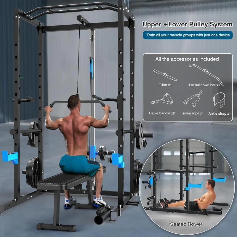 ULTRA FUEGO Power Cage – Multi-Functional Power Rack with J-Hooks, Dip Bars, Landmine & Optional Cable Pulley System for Home Gym