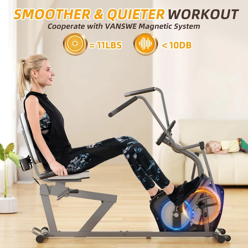 VANSWE Recumbent Exercise Bike with Arm Exerciser — Home Recumbent Bike Featuring Magnetic Resistance, Bluetooth/App Connectivity and Pulse Sensor