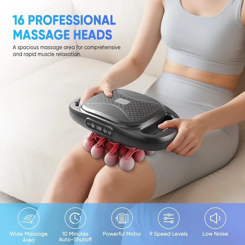 16-Head Deep Tissue Massage Gun Set — Percussion Massager with 9 Modes & 9 Intensity Levels, USB-C Fast Charging (Black, 16-Head)
