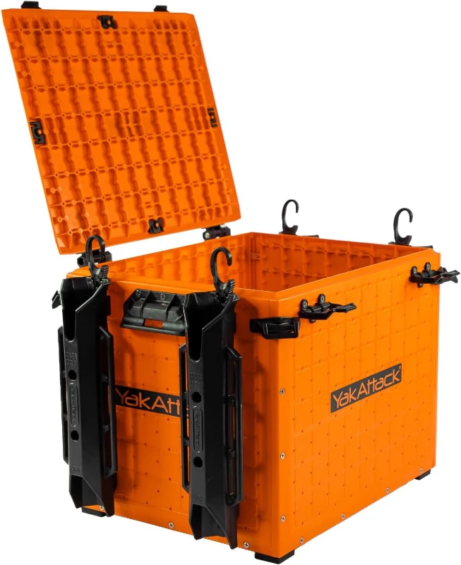YakAttack BlackPak Pro 13in x 16in Kayak Fishing Crate – Orange, 4 TetherTube Rod Holders | Lightweight Durable Customizable (Made in USA)