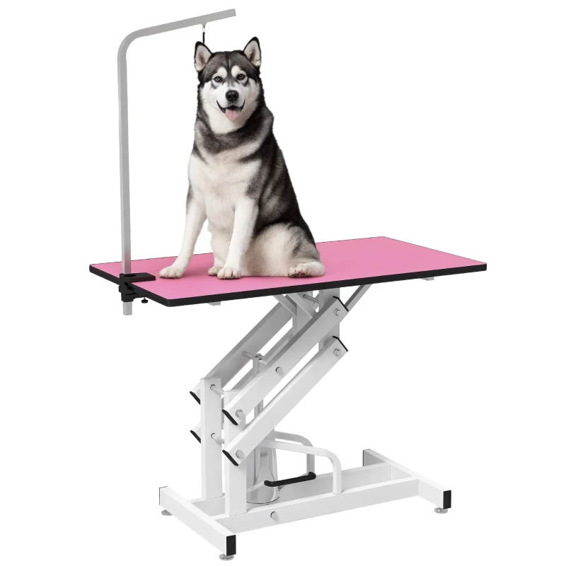 PawHut Pet Grooming Table, Height Adjustable Dog Grooming Table with Arm, Noose and Non-Slip Grooming Table, Pink