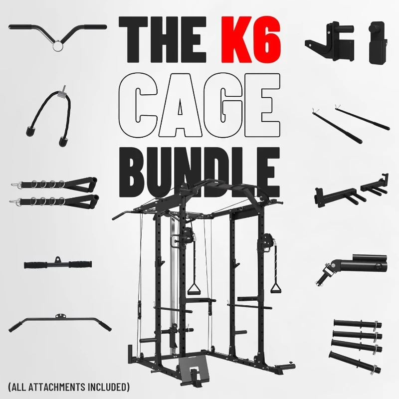 Mikolo K6 Power Cage with Cable Crossover & Lat Pulldown — 1500 lb Squat Rack System, Pulley & Accessory Package
