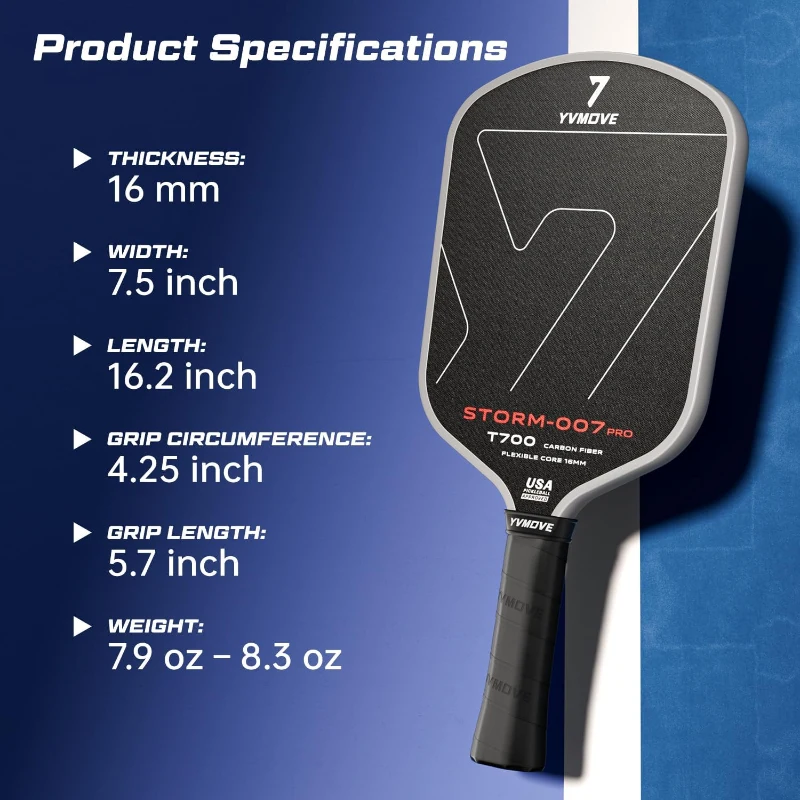 STORM 007 Pro Pickleball Paddle — T700 Raw Carbon, 16mm STR-Core, USAPA Approved
