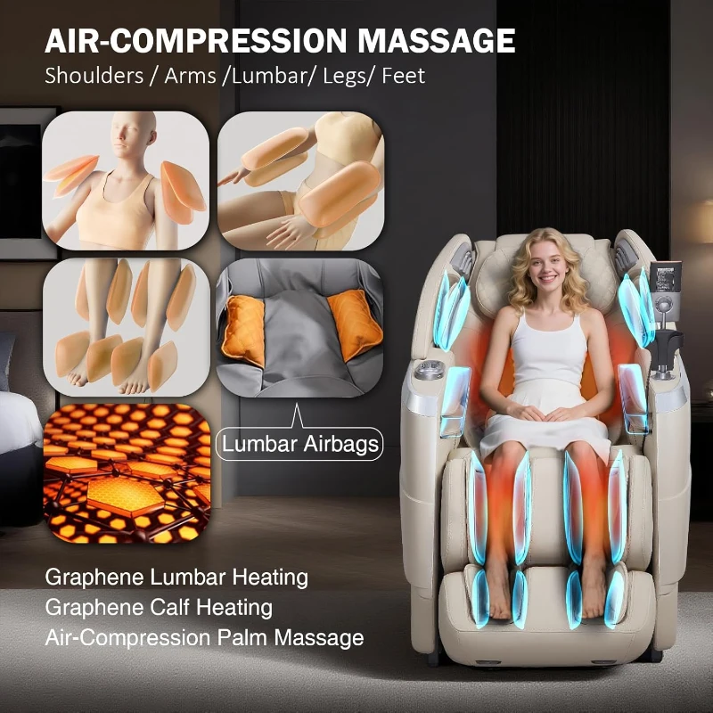 4D Zero Gravity Massage Chair – Beige, 55"" SL-Track Full-Body Shiatsu Recliner with Body Scan, Deep Tissue Knead, Heating, 36 Airbags & Voice Control (18 Auto Modes, 11 Techniques)