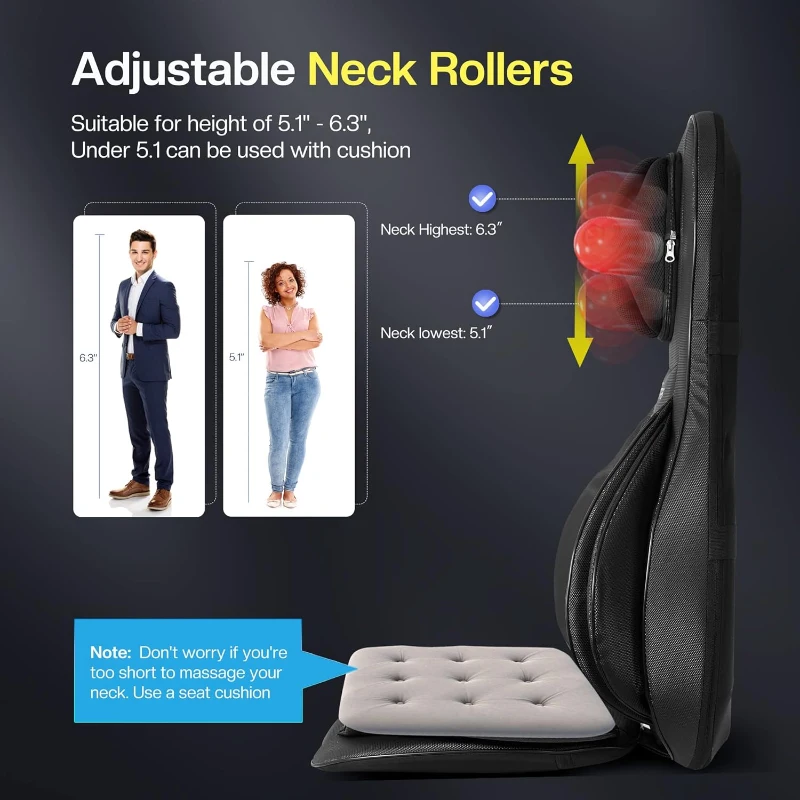 COMFIER Shiatsu Neck & Back Massage Pad with App Control — 2D/3D Deep-Kneading Chair Massager with Compression, Rolling, Vibration and Heat — Black Full-Body Massage Cushion
