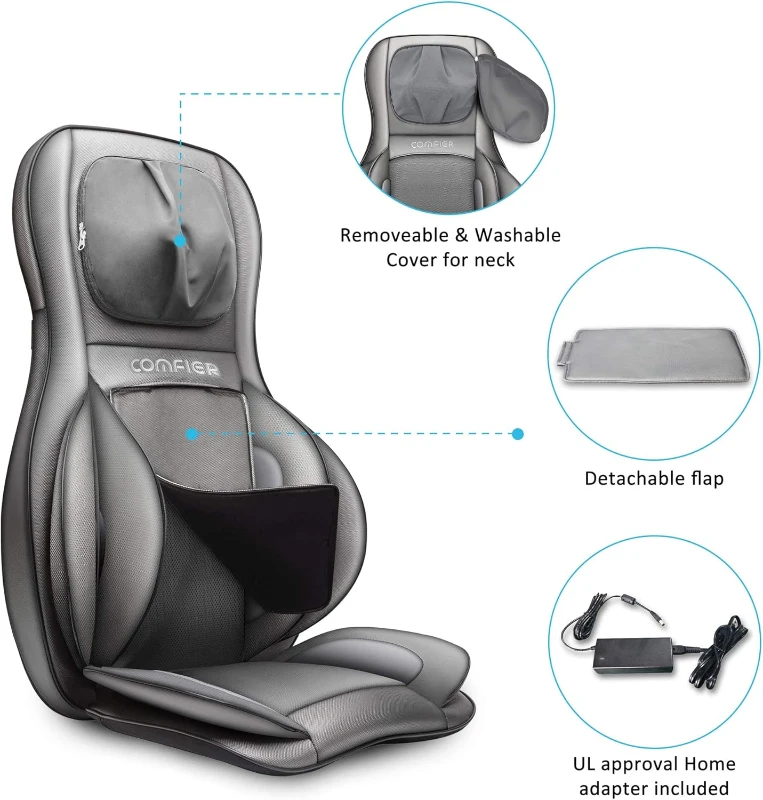 COMFIER Deep Tissue Back Massager — Shiatsu Neck & Back Pad with Heat, Rolling and Air Compression, Fits Office Chairs — Full-Body Massage Chair Pad Gift for Mom and Dad