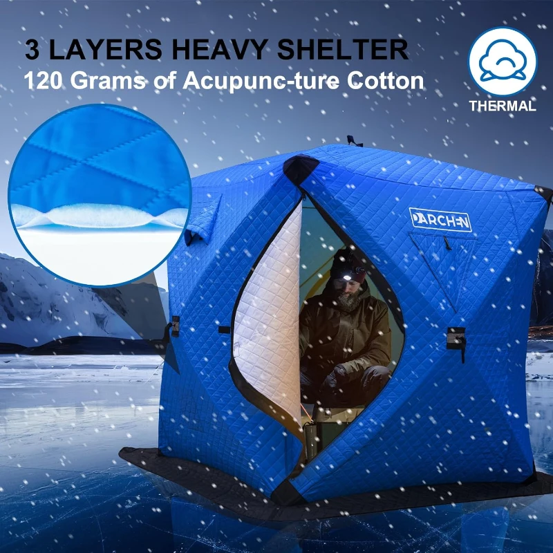 DARCHEN Insulated 3-Layer Pop-Up Ice Fishing Tent for 3–4 People — Thermal Shanty with Reinforced Skirt and Insulation