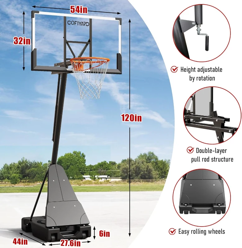 Cofiyard Portable Basketball Hoop with 54"" Shatterproof Backboard – Adjustable 5.25–10 ft Goal System with 44"" Base & Sandbag