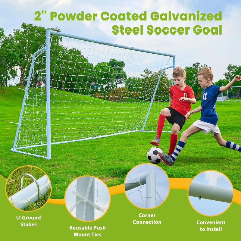Heavy-Duty Steel Soccer Goal — 6×4, 8×6 or 12×6 ft Options with 2"" Diameter Powder-Coated Galvanized Frame, Target Net & Training Accessories for Backyard and Practice
