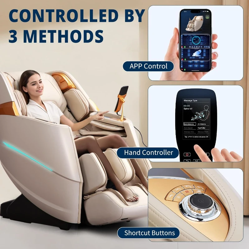 4D Full-Body Massage Chair - 55"" S+L Track Zero Gravity Recliner | 20 Auto Modes, 11 Techniques, 40-Airbag System | Yoga Stretch, App Control (Beige)