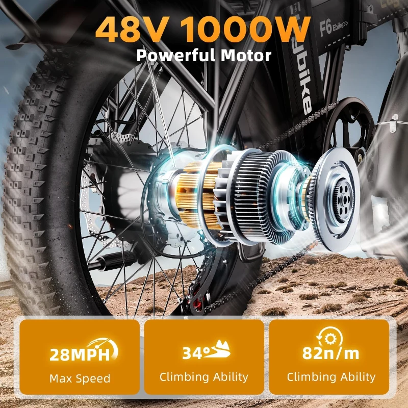 KEBIKO 1000W Folding Electric Bike – 48V 20Ah Removable Battery E-Bike, 30+ MPH Top Speed, Up to 80 Mile Range, 20"" Fat Tire Foldable Commuter & All-Terrain Ebike