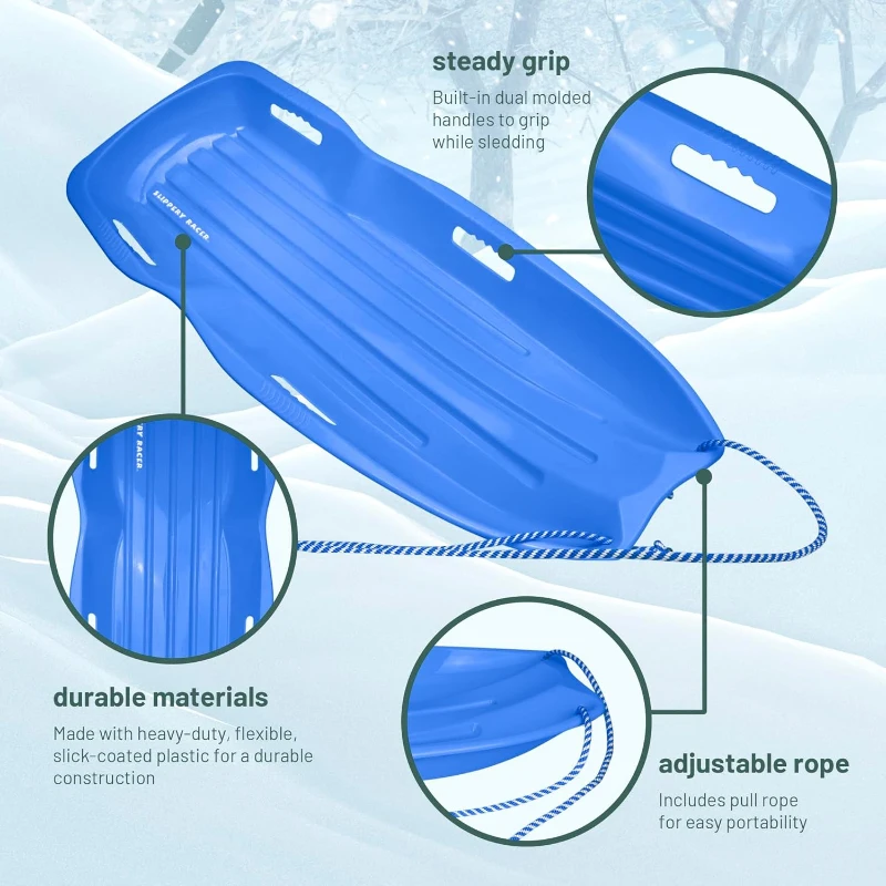 Slippery Racer Downhill Xtreme Plastic Toboggan — Flexible Snow Sled for Up to 2 Riders, Includes Built-In Pull Rope and Dual Handles