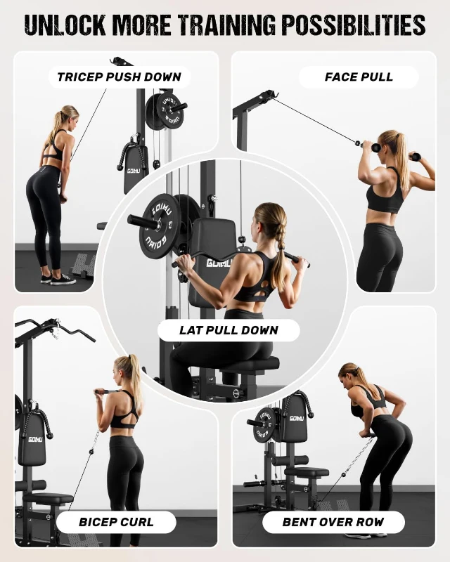 GOIMU LS01 3-in-1 Lat Pulldown & Row Tower with Ab Crunch Attachment — Compact Home Gym Pulley Station