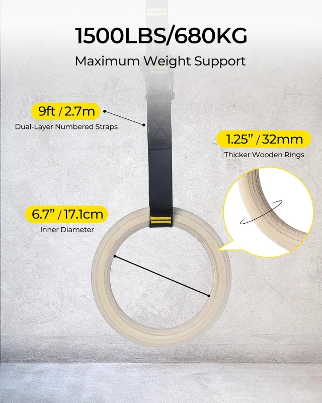 PACEARTH 32mm Wooden Gymnastics Rings 1500lbs with Screw-Lock Carabiners - 9ft Double-Layer Numbered Straps, Door Anchor & Foot Straps