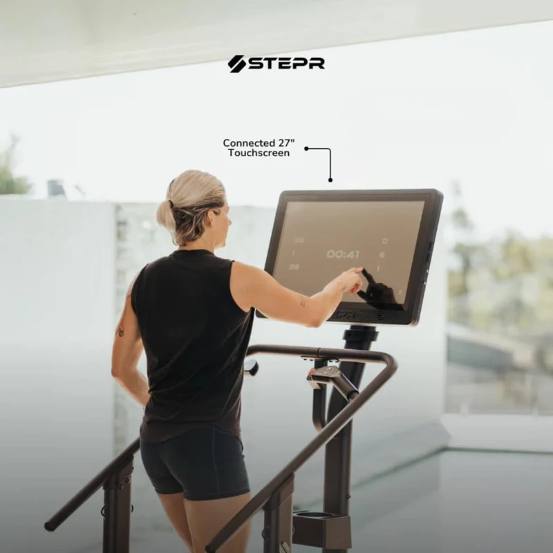 STEPR+ Commercial Stair Master with 27"" Touchscreen, Bluetooth & WiFi, 140 Steps/Min, App Integration, Resistance Band Attachments, 375 lb Capacity