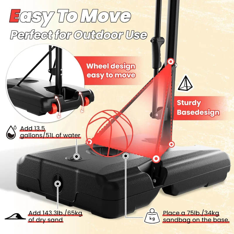 AWII SPORT 44"" Portable Basketball Hoop — Height Adjustable 4.8–10 ft, Outdoor/Indoor Goal System for Kids, Teens & Adults