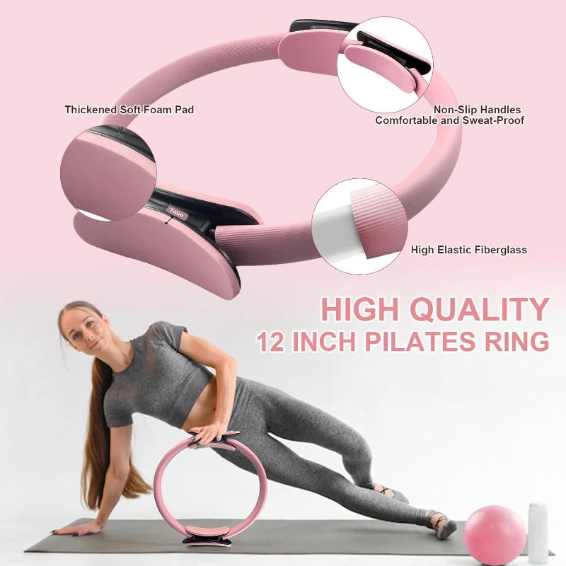 Pilates Home Workout Kit — 12"" Ring & 9"" Mini Ball with Adjustable 1 lb Wrist/Ankle Weights, 5 Latex Resistance Bands, TPE Stretch Band, Tape Measure & Carry Bag