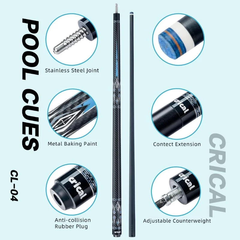 CRICAL 58"" Carbon Fiber Pool Cue Set CL-04 — Low-Deflection Billiard Cue with 3/8×8 Stainless Joint and 12.5mm Tip