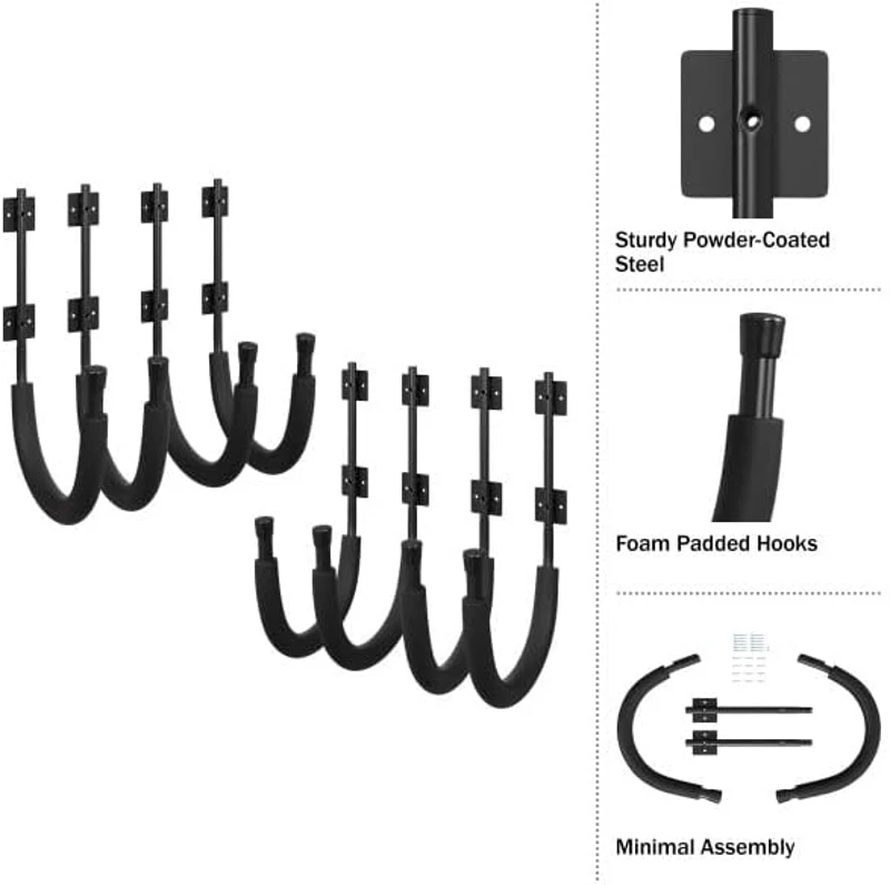 Kayak Wall Hanger Set — 4 Pairs (8 Hooks) Heavy-Duty J-Racks, 100 lb Capacity per Pair, Foam-Padded Wall Mounts