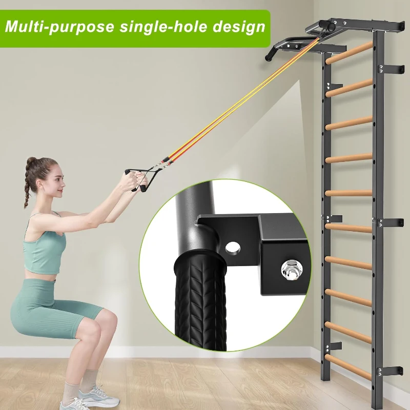 Kipika 2 x 2-inch Swedish Wall Ladder – Wall-Mounted Pull-Up Bar & Suspension Trainer with 1-inch Holes, Solid Wood Grips, Power Rack Compatible Gymnastic Stall Bar for Home, School and Wall Gyms