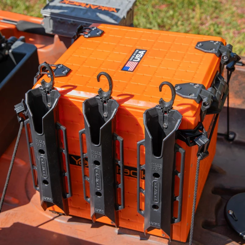 YakAttack BlackPak Pro 13"" x 13"" Orange Fishing Crate with 3 TetherTube Rod Holders – Compact Kayak Tackle Organizer | Made in USA