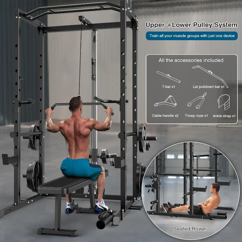 Multi-Functional Power Cage with J-Hooks, Dip Handles, Landmine & Optional Cable Pulley System — Heavy-Duty Home Power Rack