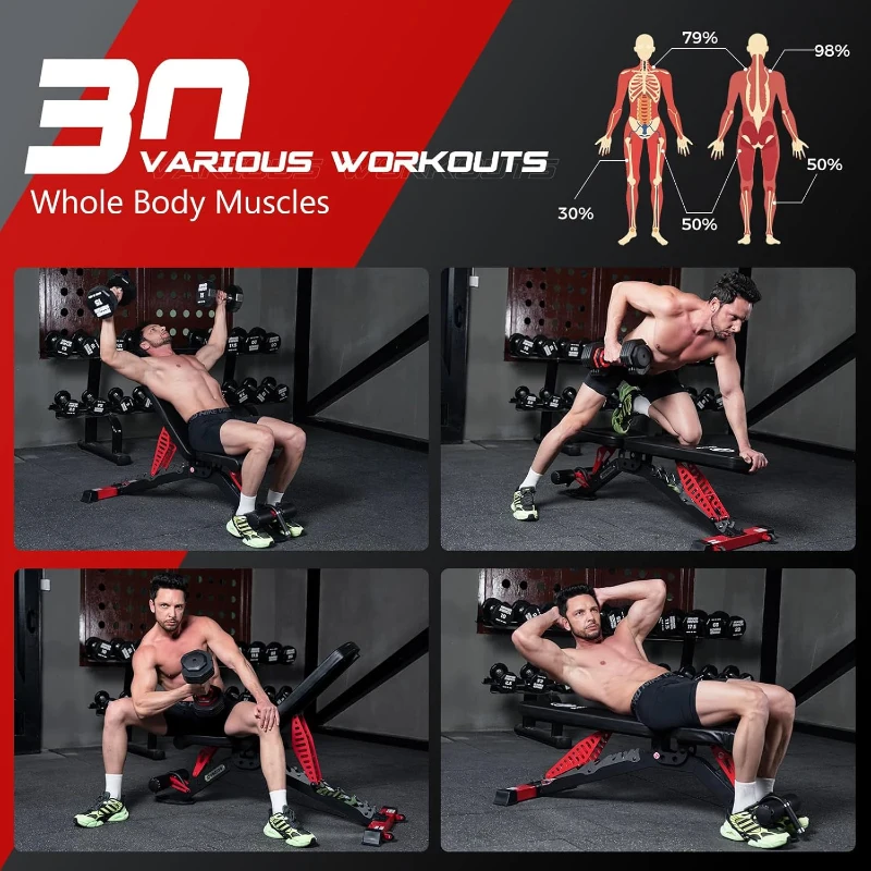 Pooboo Adjustable Weight Bench — Heavy-Duty Strength Training Bench, Flat/Incline/Decline, 1500 lb Capacity