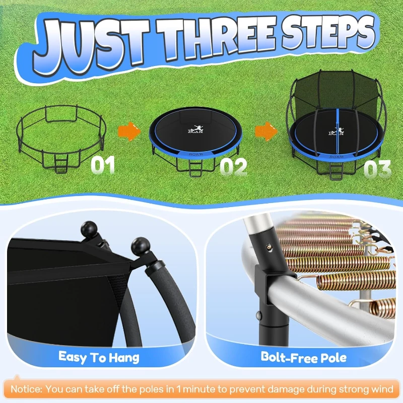 BCAN Recreational Trampoline with Safety Enclosure & Ladder, ASTM F381-16 Certified — Available 8ft–16ft for Kids and Adults