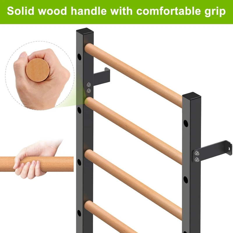 Kipika 2""x2"" Wall-Mounted Swedish Ladder with 1"" Hole — Pull-Up Bar & Suspension Trainer with Solid Wood Handles for Home, Wall Gyms, Schools