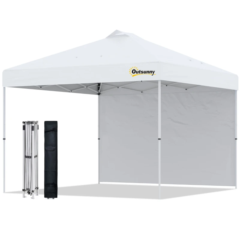 Outsunny 10&#39; x 10&#39; Pop Up Canopy Tent with Adjustable Height, 1 Sidewall, and Wheeled Carry Bag for Outdoor, Garden, Patio, White