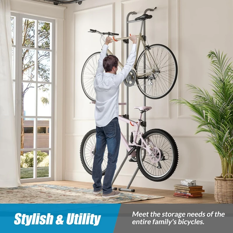 Suchtale 2-Bike Gravity Rack | Floor-to-Wall Bicycle Organizer for Garage & Indoor Storage — Adjustable Arms, Wall-Lean or Fixed Mount, Fits Road, MTB & E-bikes