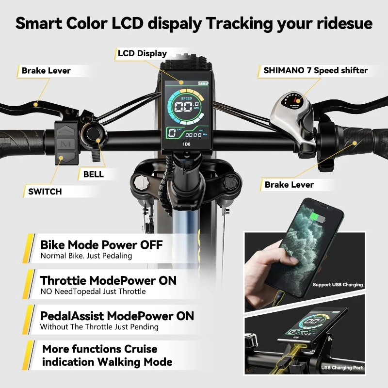1000W Peak Folding Electric Bike with 48V 20Ah Removable Battery, 20"" Fat Tires - 30+ MPH, Up to 80-Mile Range