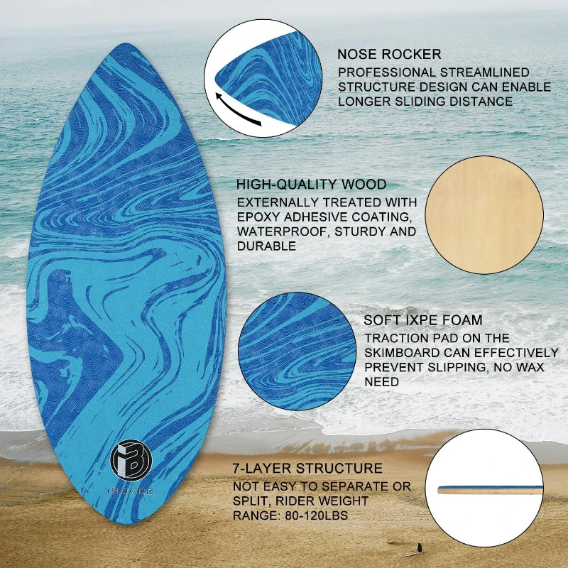 Skipper 36-inch High-Gloss Wooden Skimboard – 7-Layer Beginner Skim Board for Teenagers & Adults, Soft IXPE Traction Pad, 3 Colors