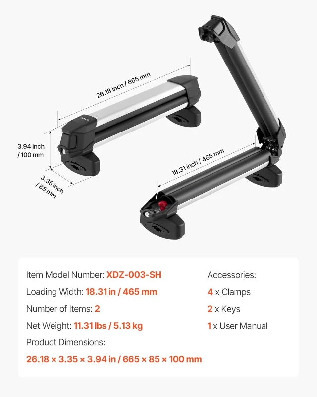 VEVOR Aluminum Ski & Snowboard Roof Rack — Holds up to 4 Pairs of Skis or 2 Snowboards, Locking, Rubber-Padded, Universal Fit for Most Crossbars