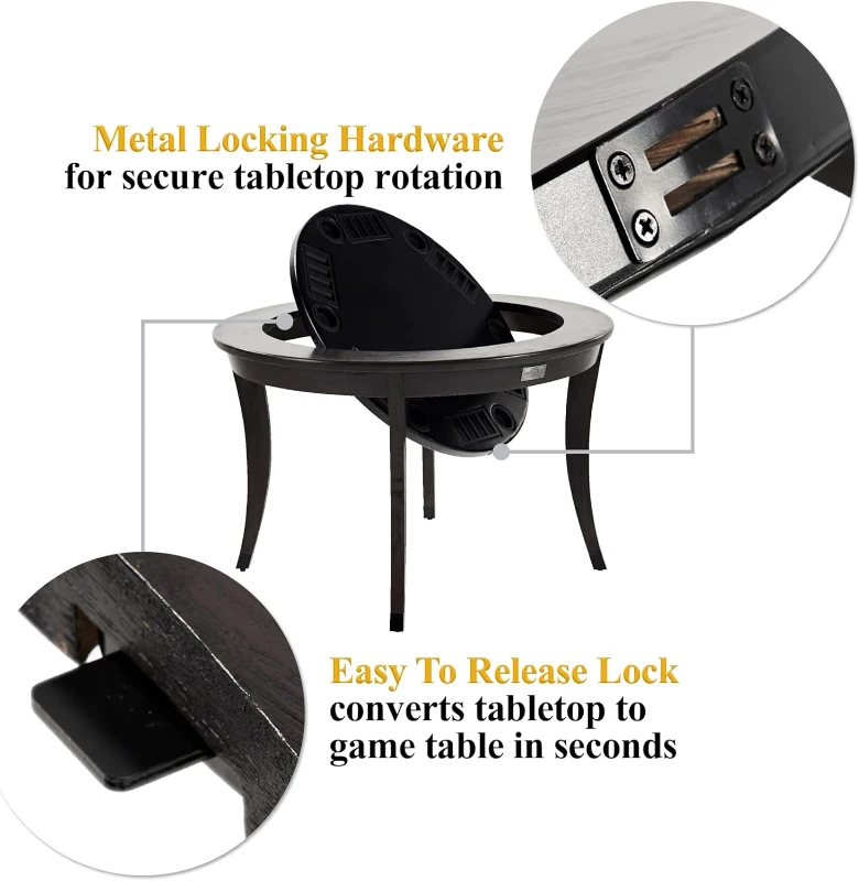 Barrington 48"" 2-in-1 Rotating Poker & Dining Table — Wood Veneer Frame with Hidden Faux-Leather Poker Top for 6 Players