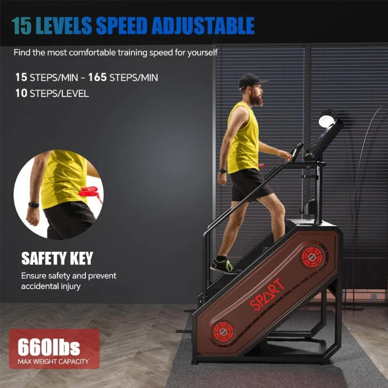 SPART 2024 Commercial Stair Stepper Machine with LED Screen, 15 Speed Levels, Bluetooth, Speaker, Cooling Fan, Wireless Charging and Safety Key