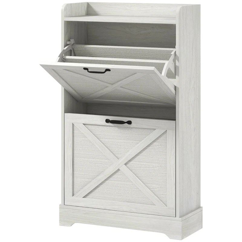 HOMCOM Slim Shoe Storage Cabinet, Farmhouse Shoe Cabinet with 2 Flip Drawers, Adjustable Shelves for 8 Pairs, Distressed White