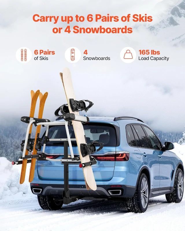 VEVOR Hitch-Mounted Ski & Snowboard Rack for 2-Inch Receiver, Carries up to 6 Pairs of Skis or 4 Snowboards, Includes Key Lock, Security Strap, 120° Tilt Access & Rubber Padding
