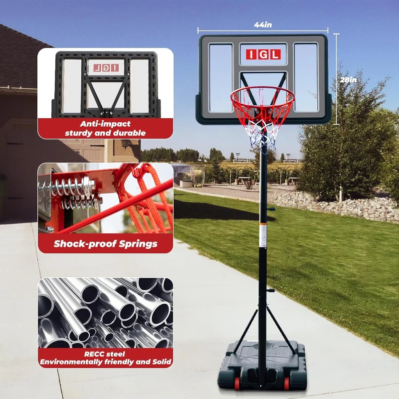 IGL Portable Basketball Hoop – 44"" PE Backboard, Adjustable 5.6–10 ft, Mobile Outdoor Goal with 13.2 GAL Base