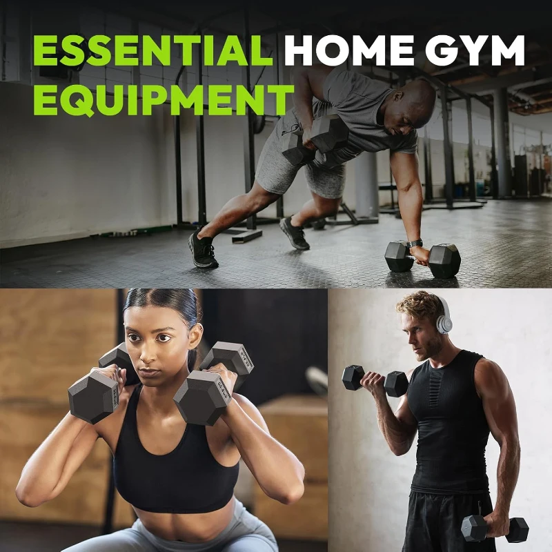 Hex Rubber-Encased Dumbbell Pairs (5–40 lb) — Solid Cast Iron Home Gym Hand Weights for Strength & Muscle Training