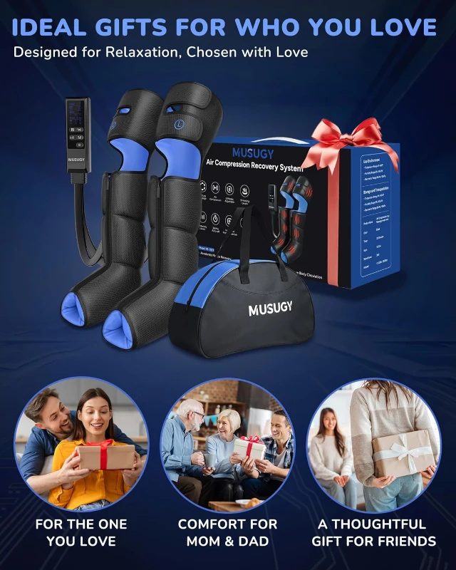 MUSUGY Sequential Compression Leg Massager with Heat – Full-Leg Air Compression Boots, 6 Modes, 9 Intensities & 3-Zone Heat for Circulation and Pain Relief – Gift for Athletes & Parents